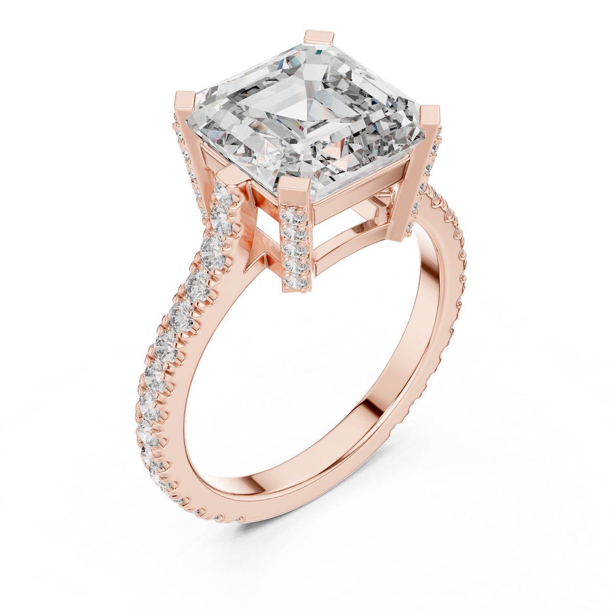 Square Emerald Cut Hidden Halo Engagement Ring with Pavé Diamond Band