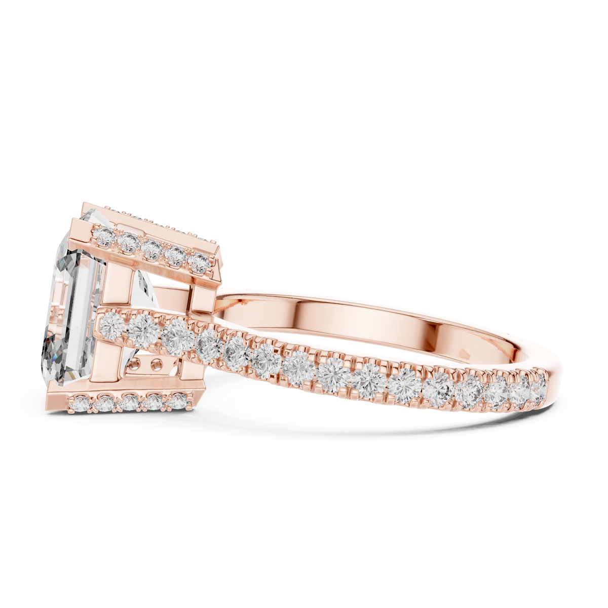 Square Emerald Cut Hidden Halo Engagement Ring with Pavé Diamond Band