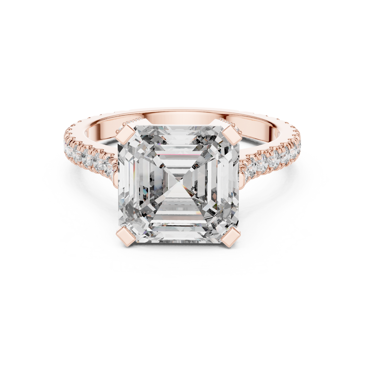 Square Emerald Cut Hidden Halo Engagement Ring with Pavé Diamond Band
