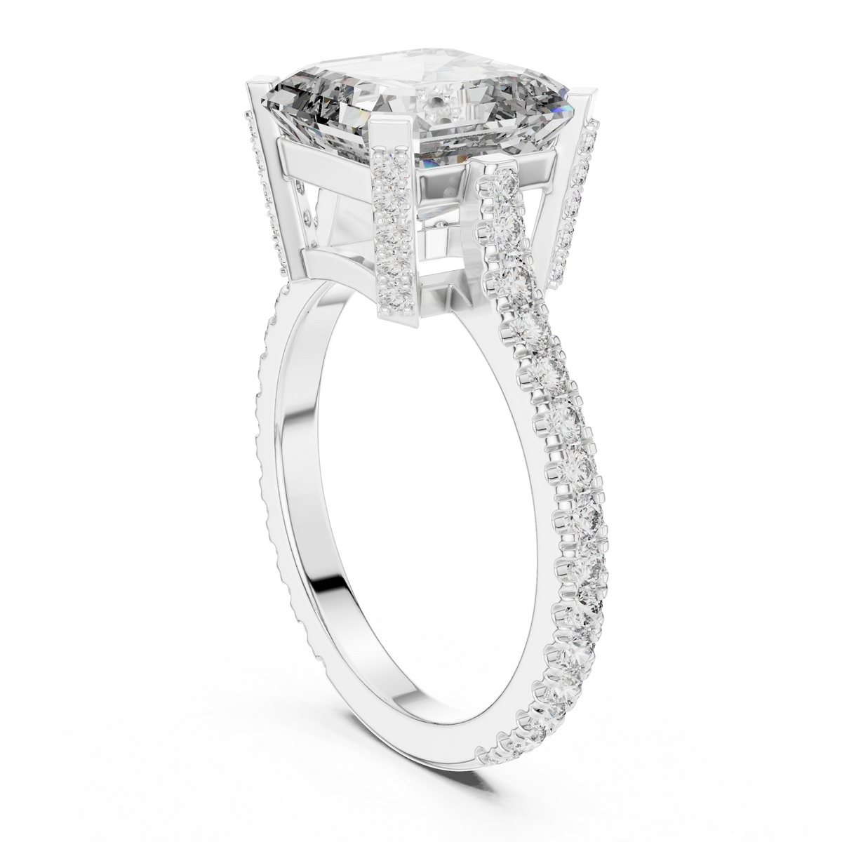 Square Emerald Cut Hidden Halo Engagement Ring with Pavé Diamond Band
