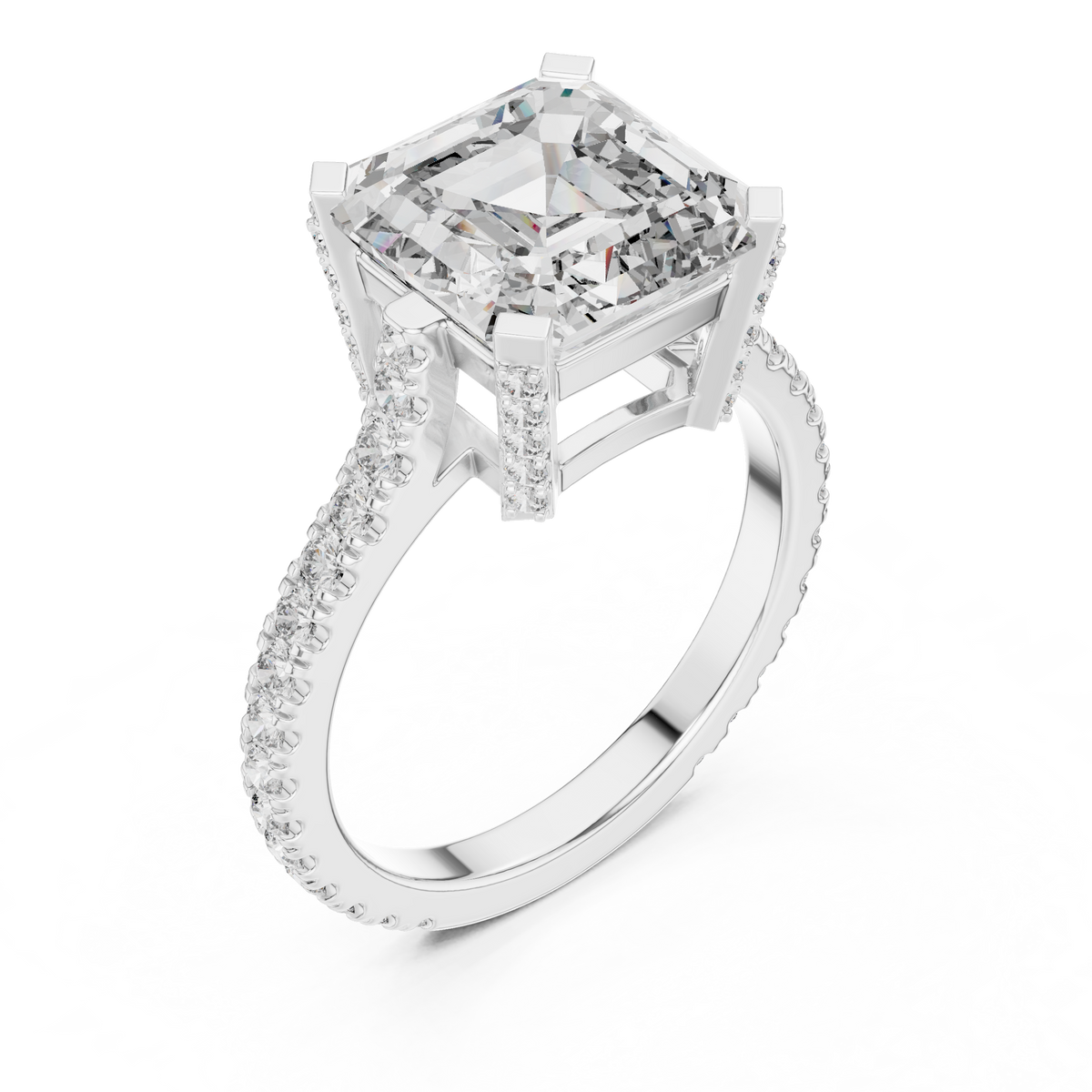 Square Emerald Cut Hidden Halo Engagement Ring with Pavé Diamond Band