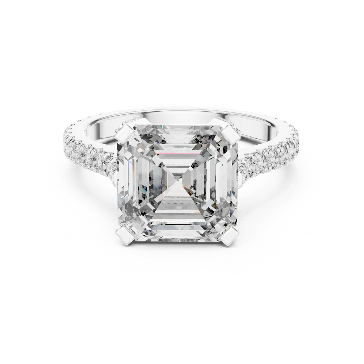 Square Emerald Cut Hidden Halo Engagement Ring with Pavé Diamond Band