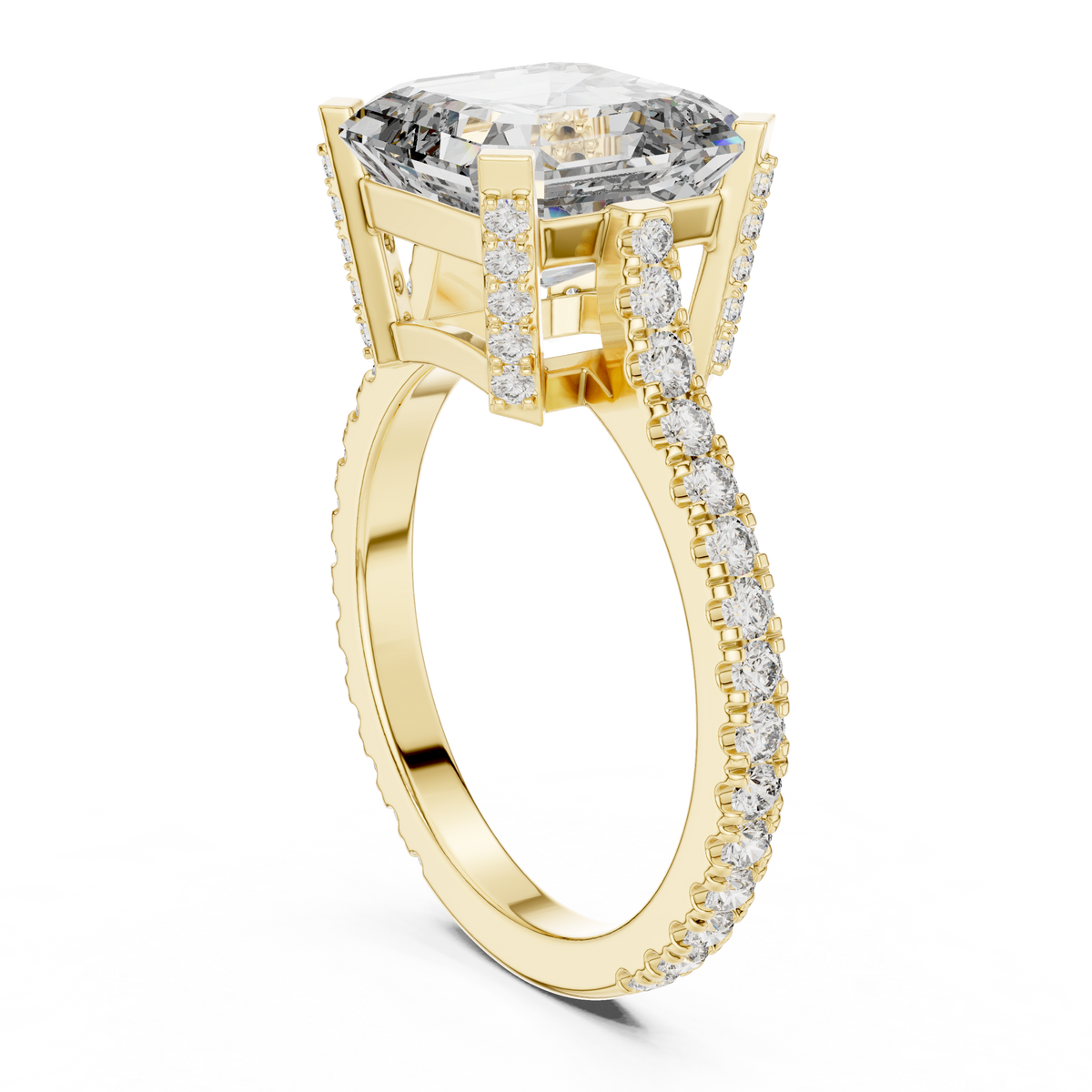 Square Emerald Cut Hidden Halo Engagement Ring with Pavé Diamond Band
