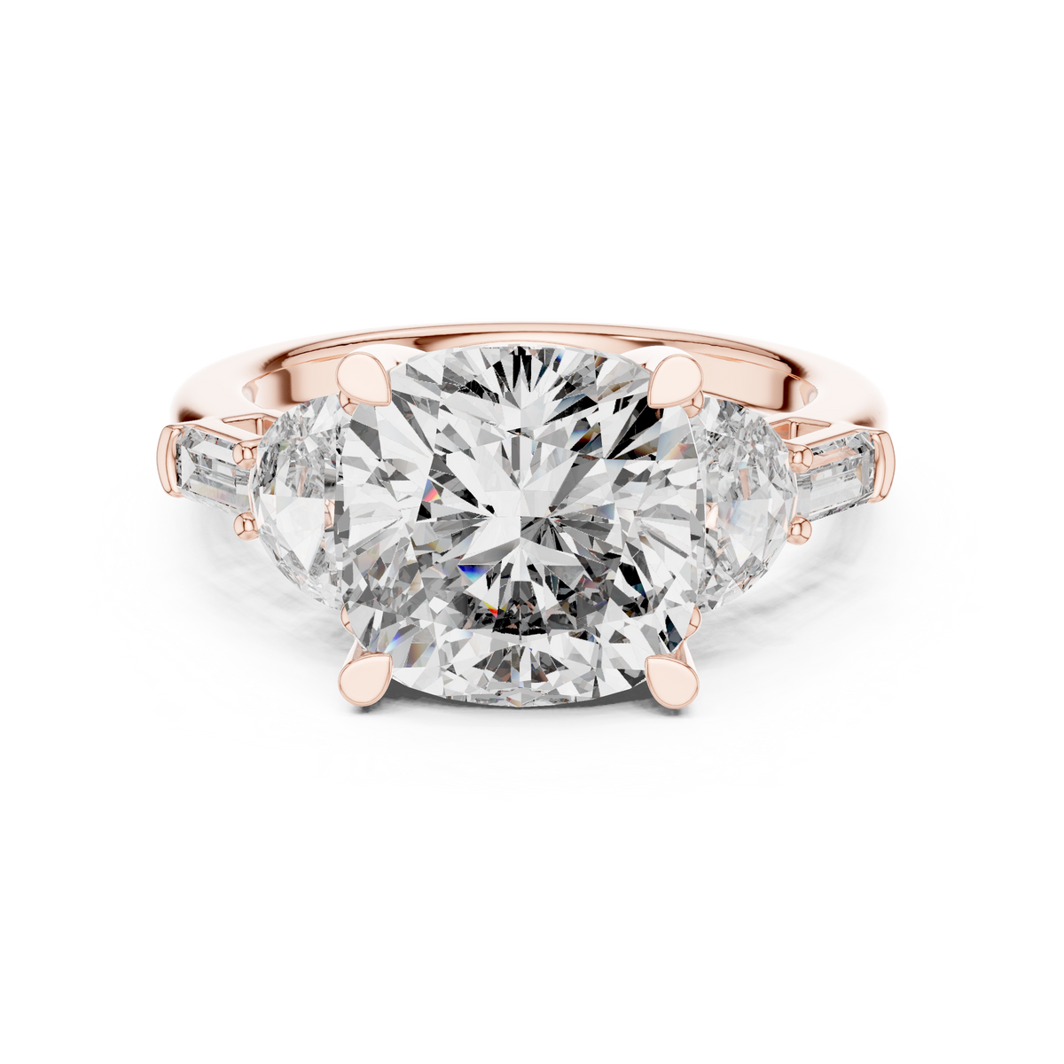 Cushion Cut Five Stone Engagement Ring with Half Moon and Baguette Side Stones
