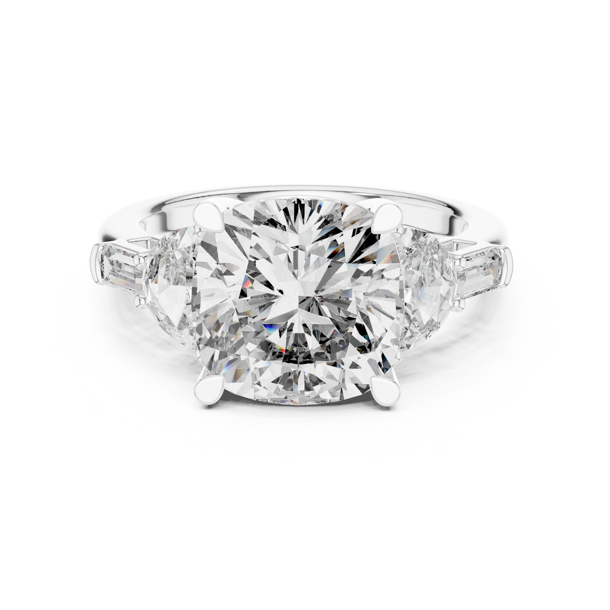 Cushion Cut Five Stone Engagement Ring with Half Moon and Baguette Side Stones