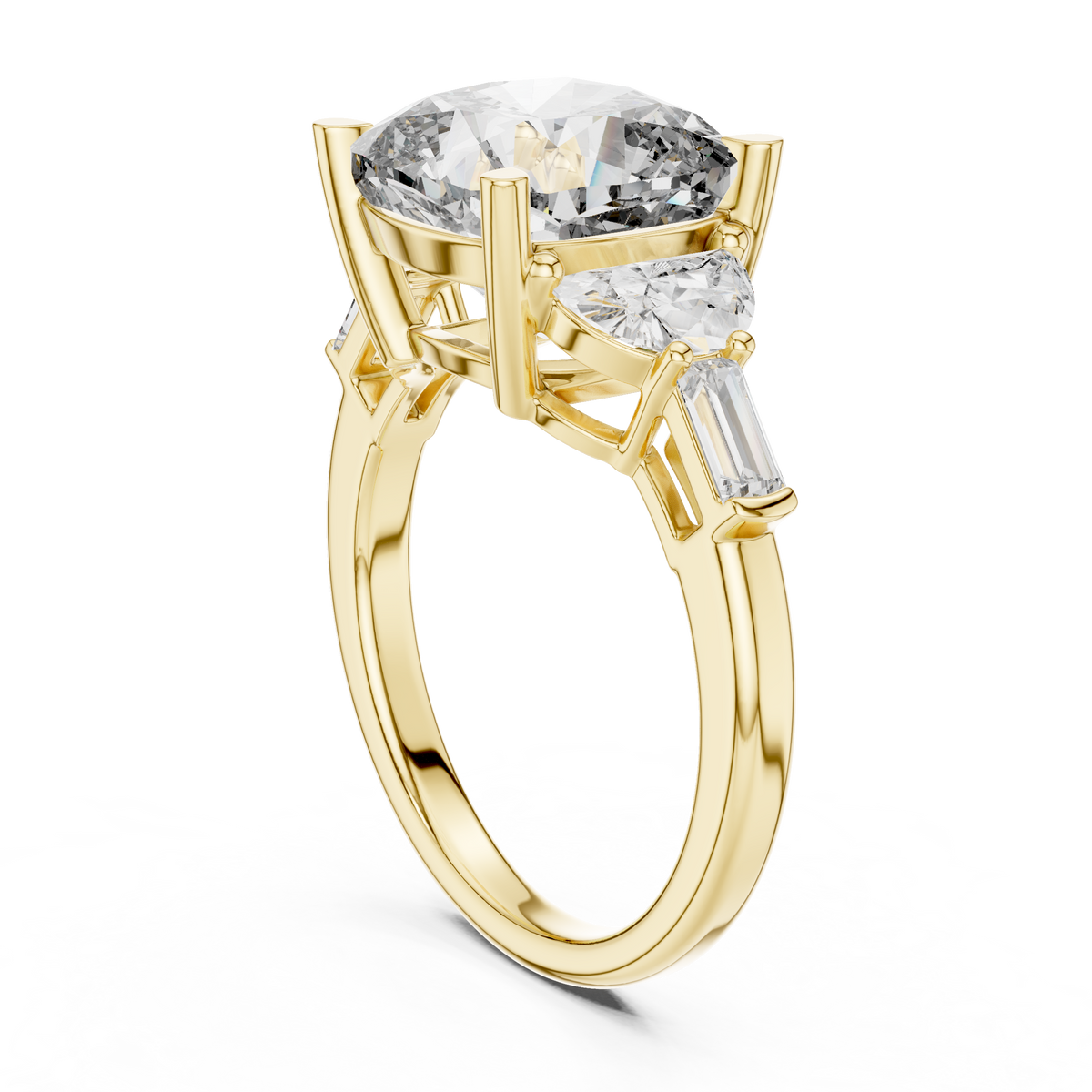 Cushion Cut Five Stone Engagement Ring with Half Moon and Baguette Side Stones