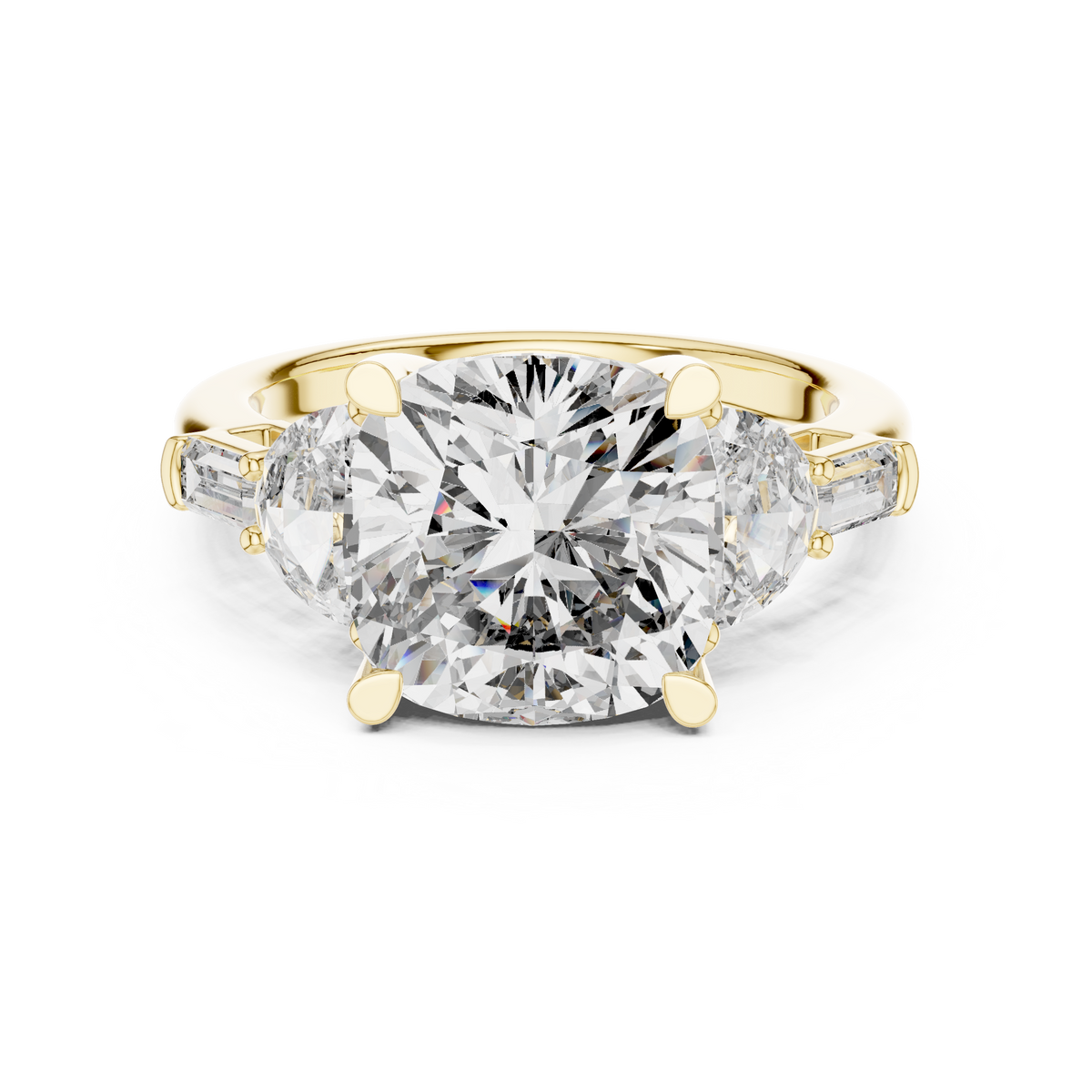 Cushion Cut Five Stone Engagement Ring with Half Moon and Baguette Side Stones