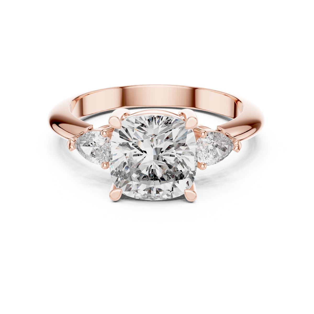 Cushion Cut Three Stone Engagement Ring with Pear Shaped Side Stones