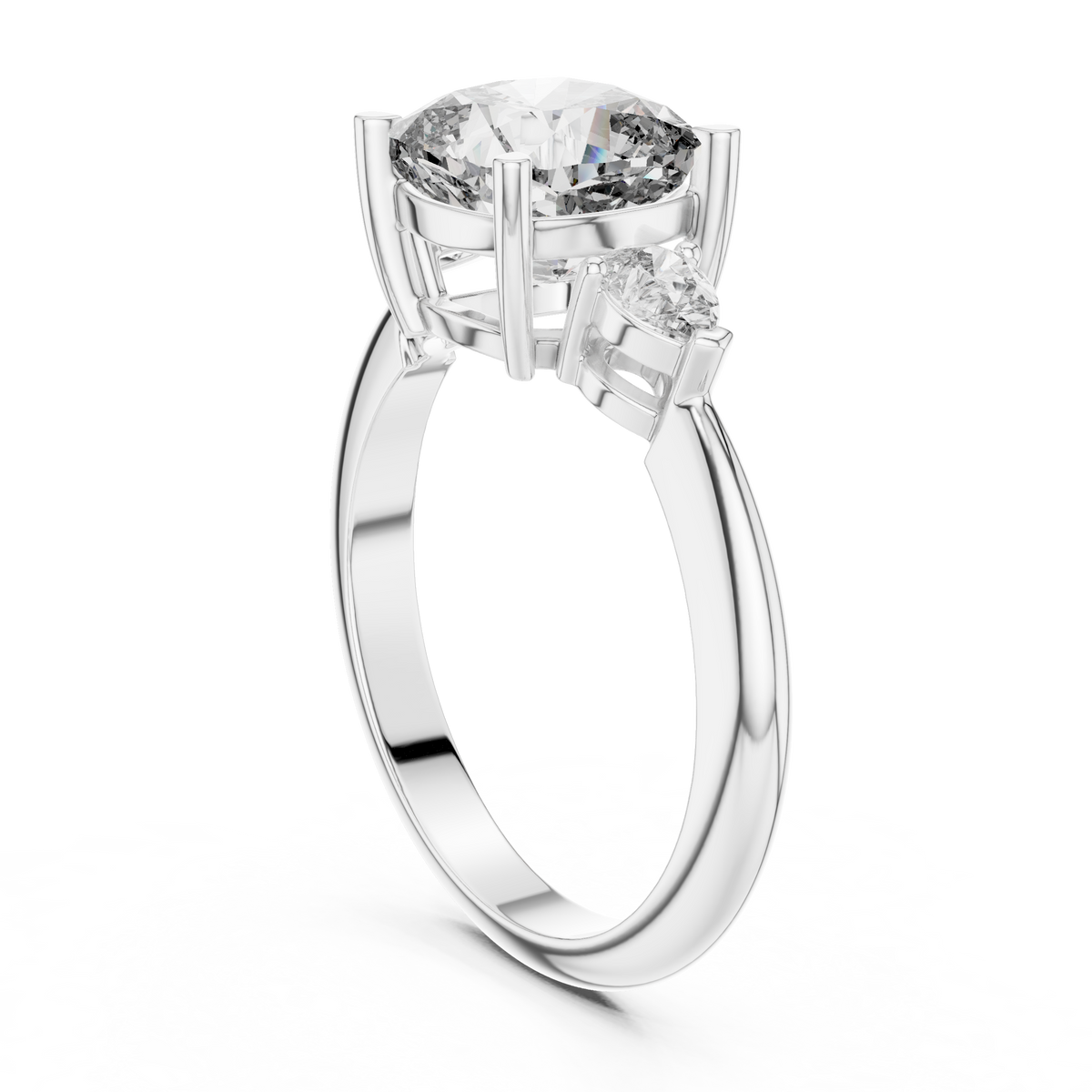 Cushion Cut Three Stone Engagement Ring with Pear Shaped Side Stones