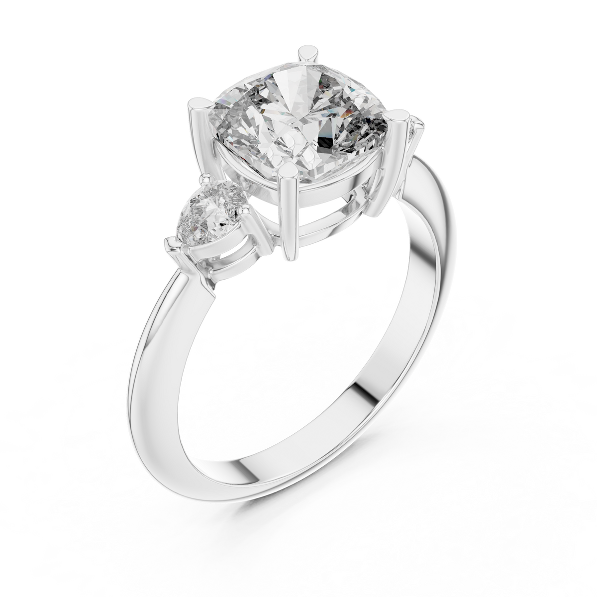 Cushion Cut Three Stone Engagement Ring with Pear Shaped Side Stones