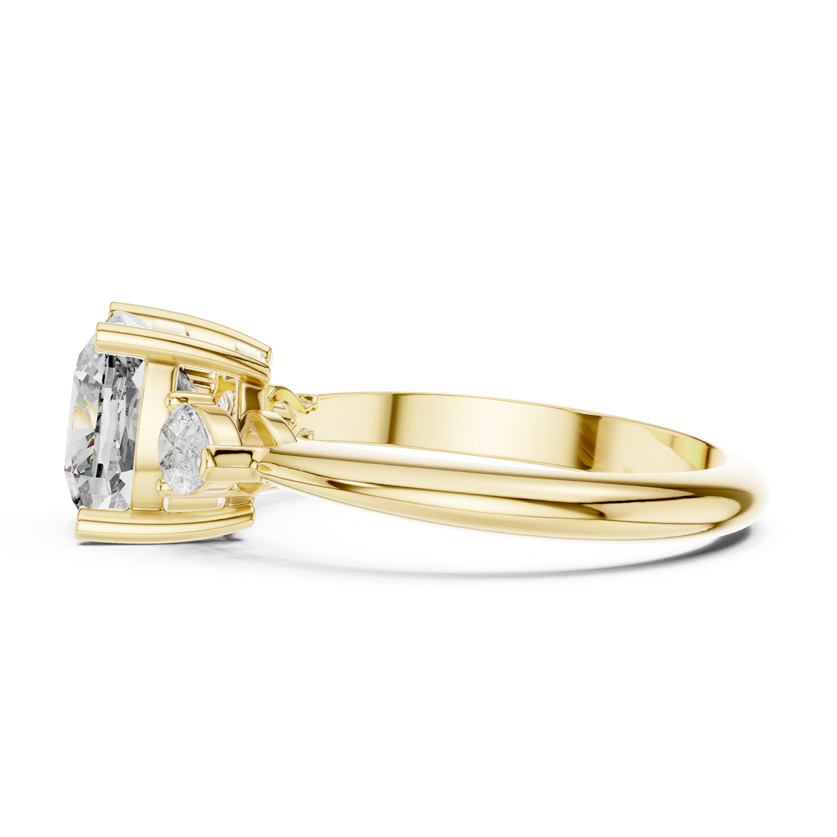 Cushion Cut Three Stone Engagement Ring with Pear Shaped Side Stones