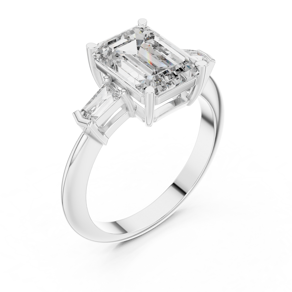 Emerald Cut Three Stone Engagement Ring with Tapered Baguette Side Stones