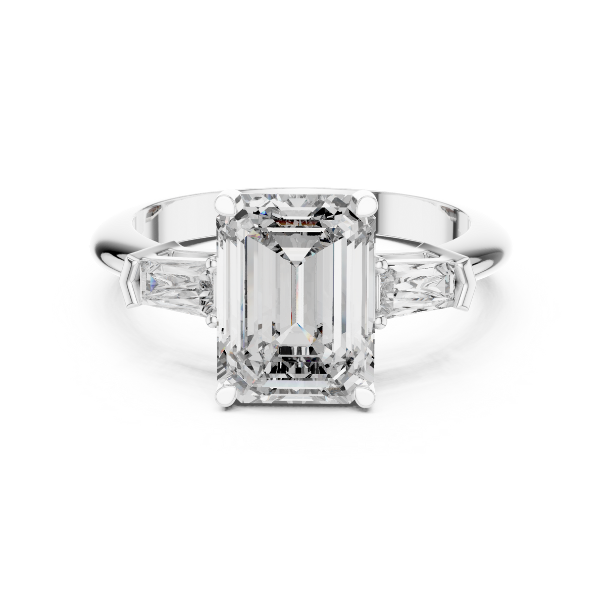 Emerald Cut Three Stone Engagement Ring with Tapered Baguette Side Stones