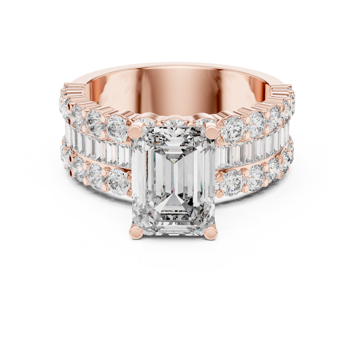 Emerald Cut Diamond Engagement Ring with Triple Row Pavé and Baguette Band