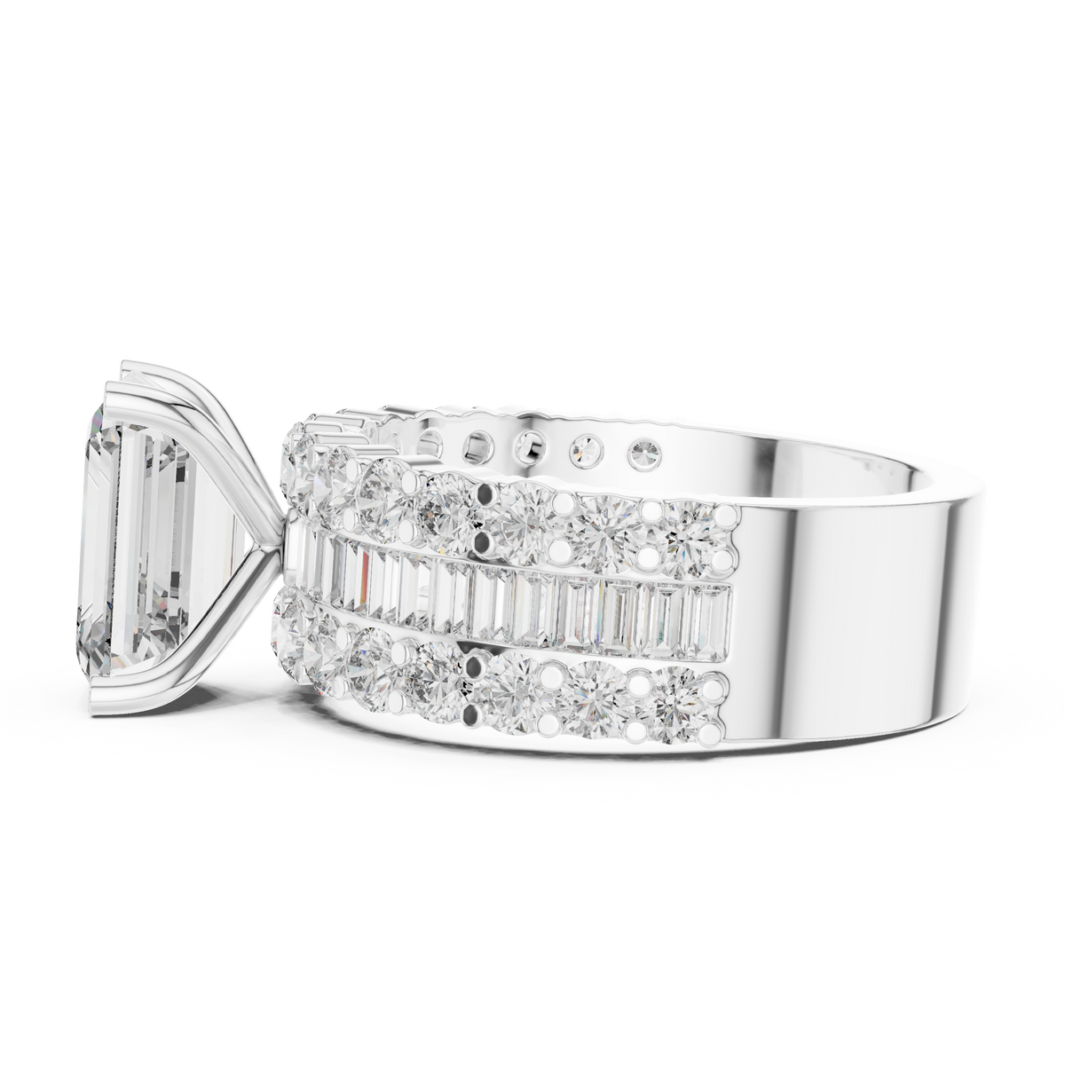 Emerald Cut Diamond Engagement Ring with Triple Row Pavé and Baguette Band