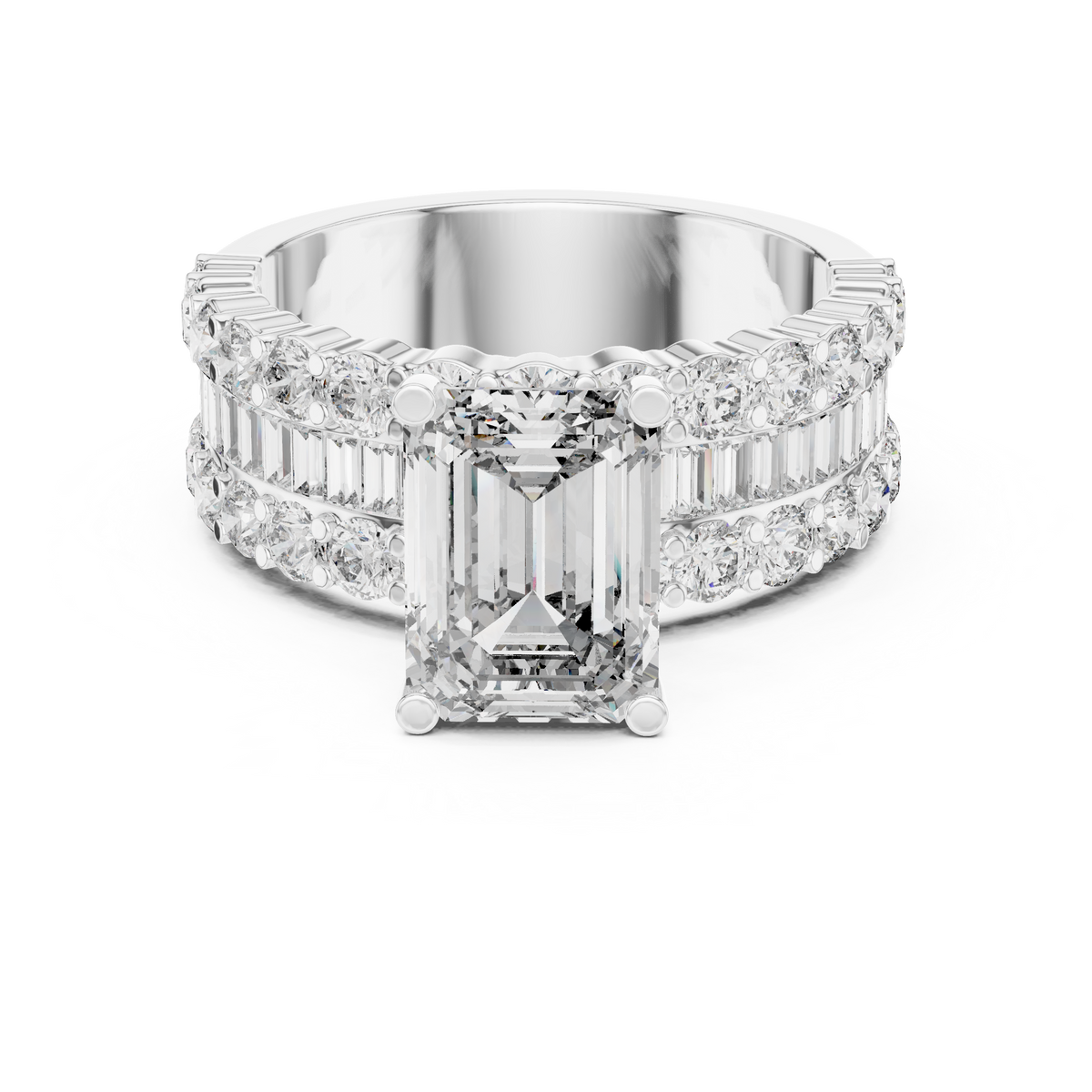 Emerald Cut Diamond Engagement Ring with Triple Row Pavé and Baguette Band