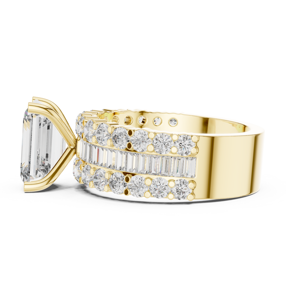 Emerald Cut Diamond Engagement Ring with Triple Row Pavé and Baguette Band