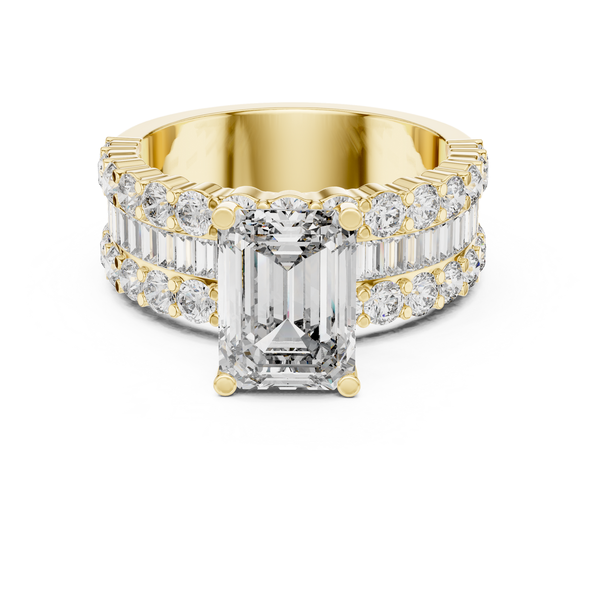 Emerald Cut Diamond Engagement Ring with Triple Row Pavé and Baguette Band