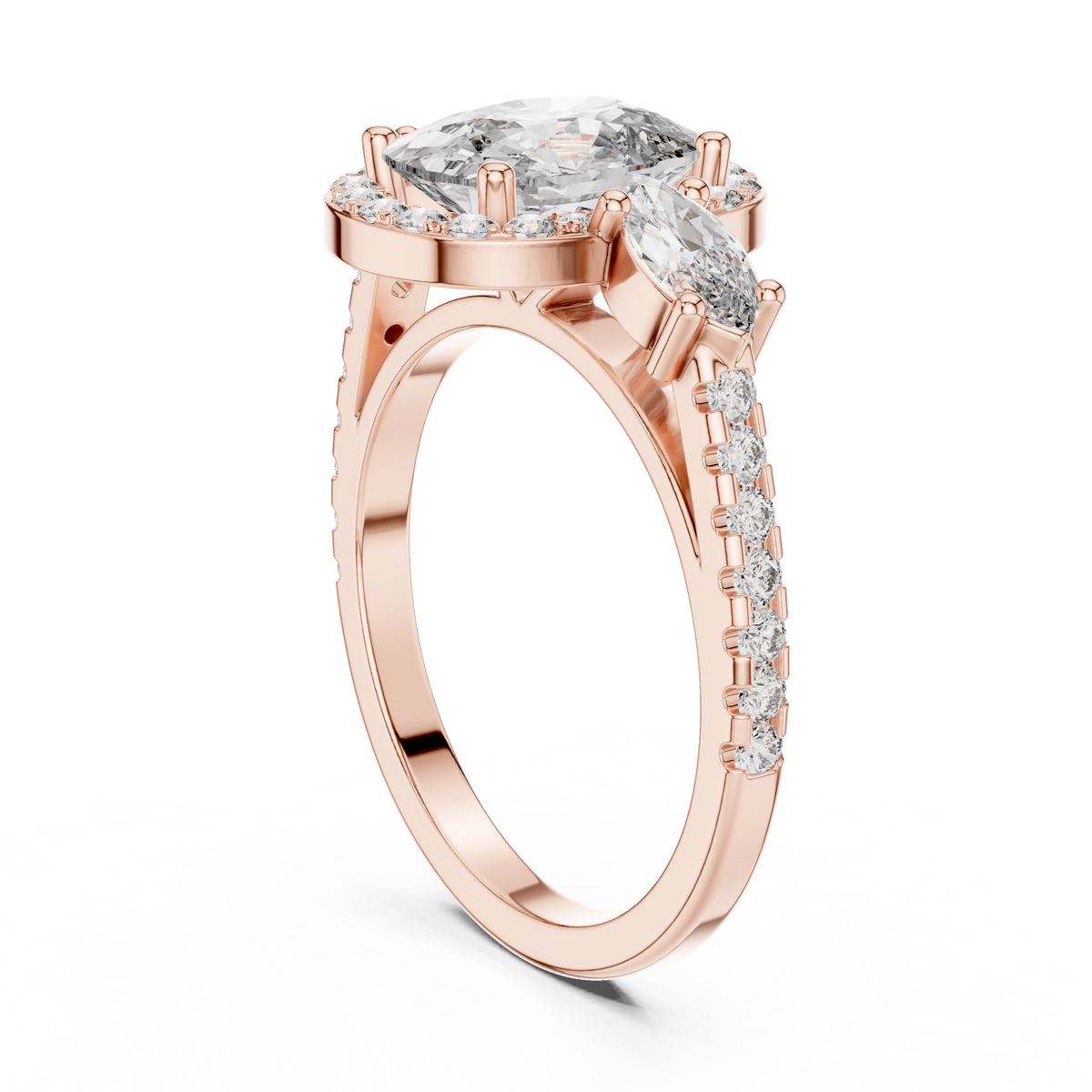 Cushion Cut Halo Engagement Ring with Marquise Side Stones and Pavé Diamond Band