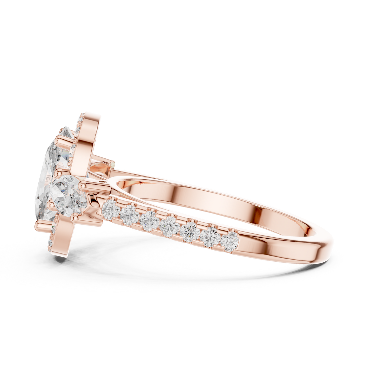 Cushion Cut Halo Engagement Ring with Marquise Side Stones and Pavé Diamond Band