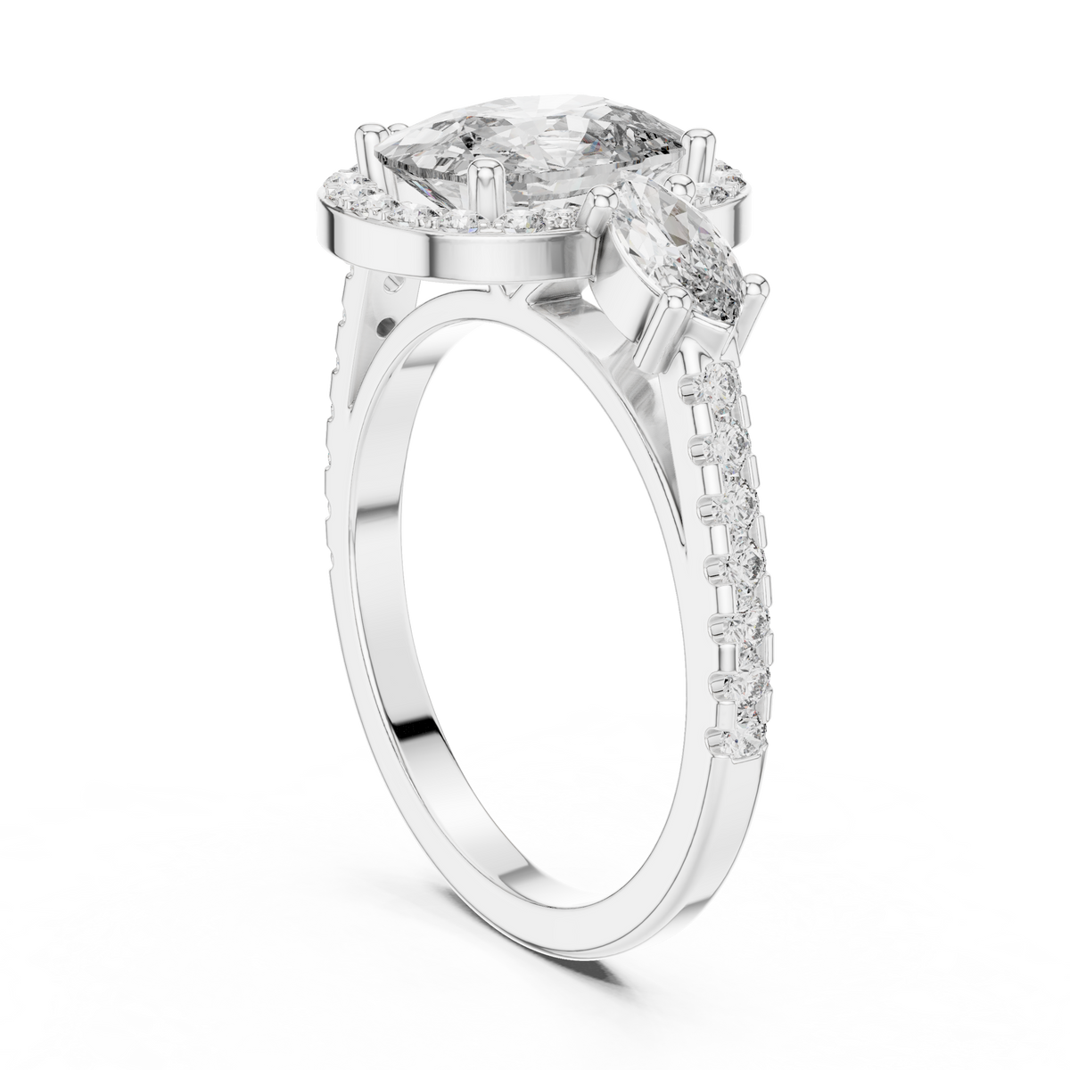 Cushion Cut Halo Engagement Ring with Marquise Side Stones and Pavé Diamond Band