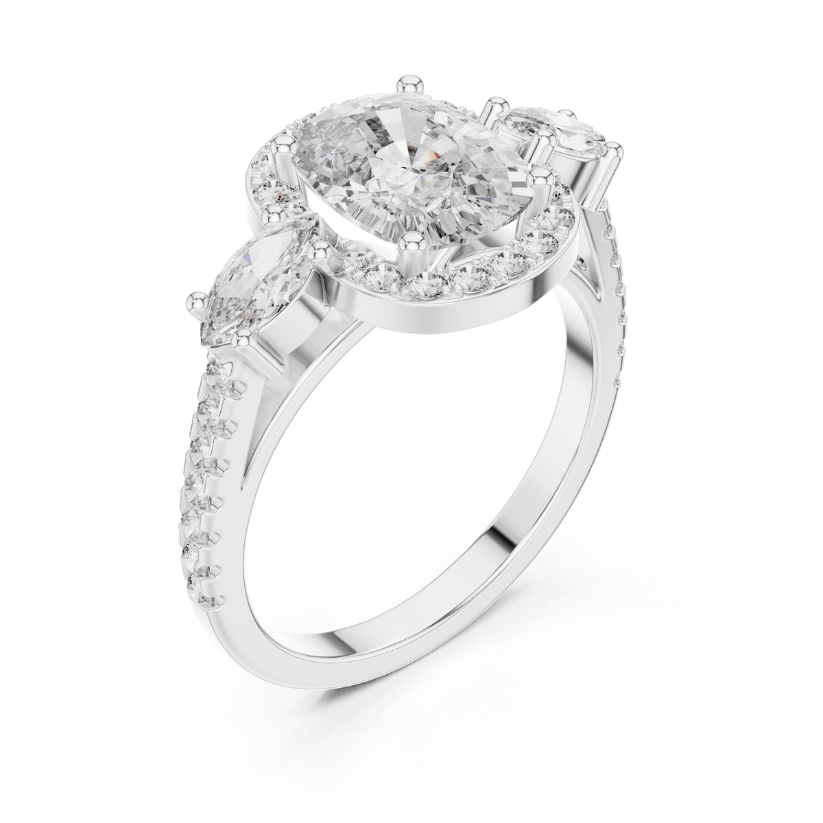 Cushion Cut Halo Engagement Ring with Marquise Side Stones and Pavé Diamond Band