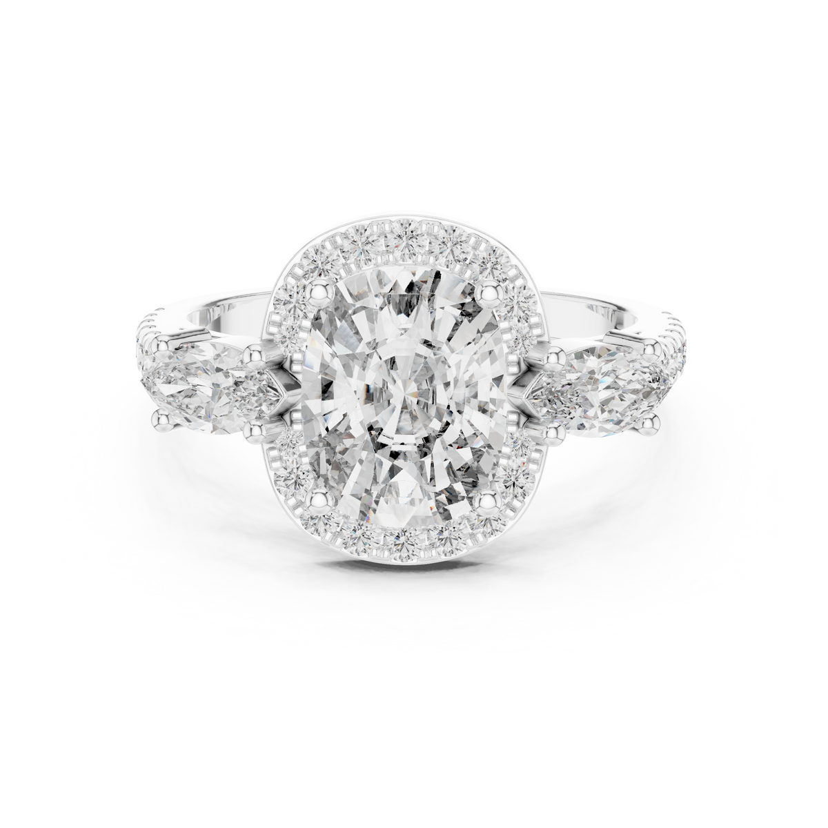 Cushion Cut Halo Engagement Ring with Marquise Side Stones and Pavé Diamond Band