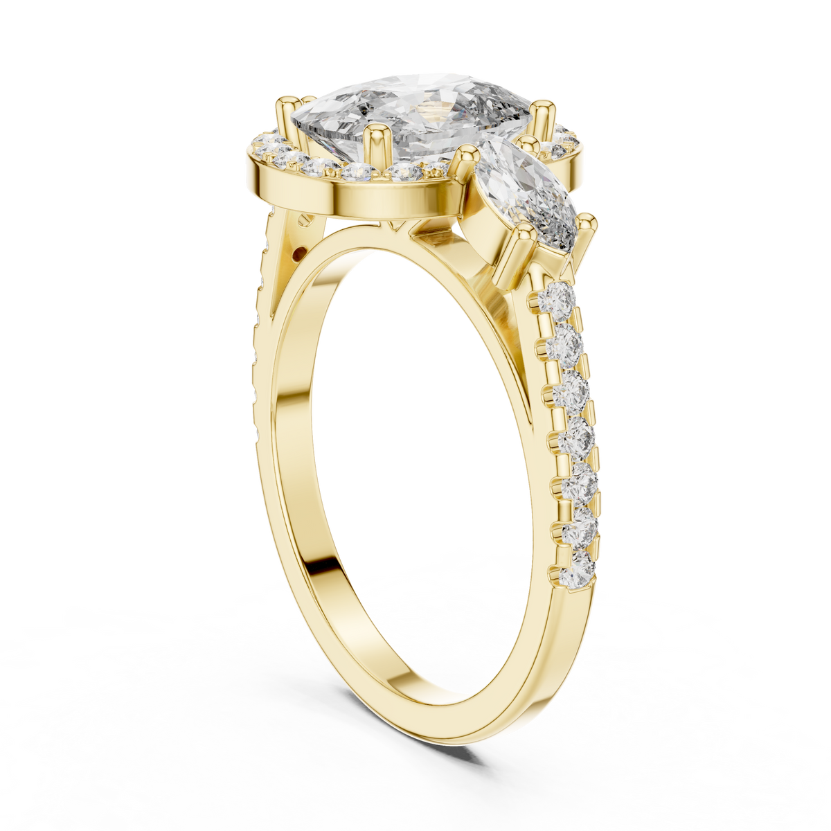 Cushion Cut Halo Engagement Ring with Marquise Side Stones and Pavé Diamond Band