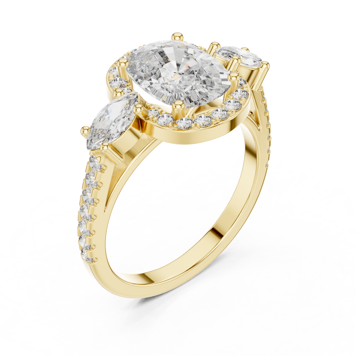 Cushion Cut Halo Engagement Ring with Marquise Side Stones and Pavé Diamond Band
