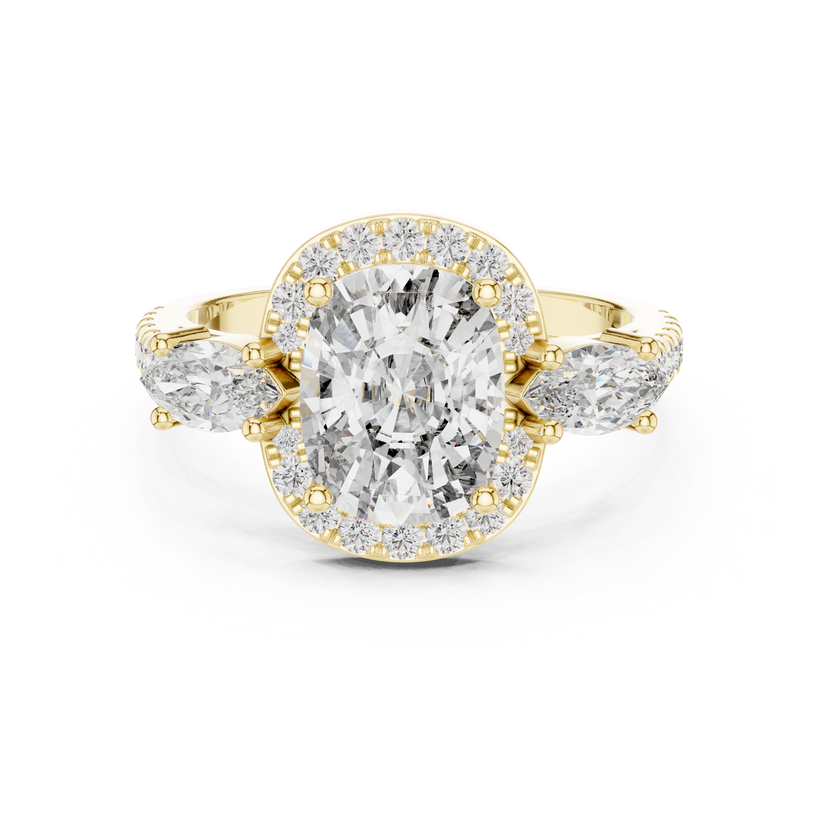 Cushion Cut Halo Engagement Ring with Marquise Side Stones and Pavé Diamond Band