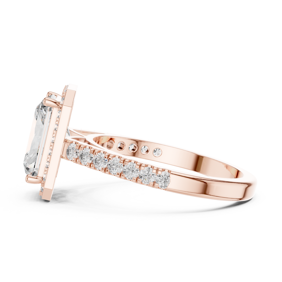 Radiant Cut Diamond Halo Engagement Ring with Pavé Band