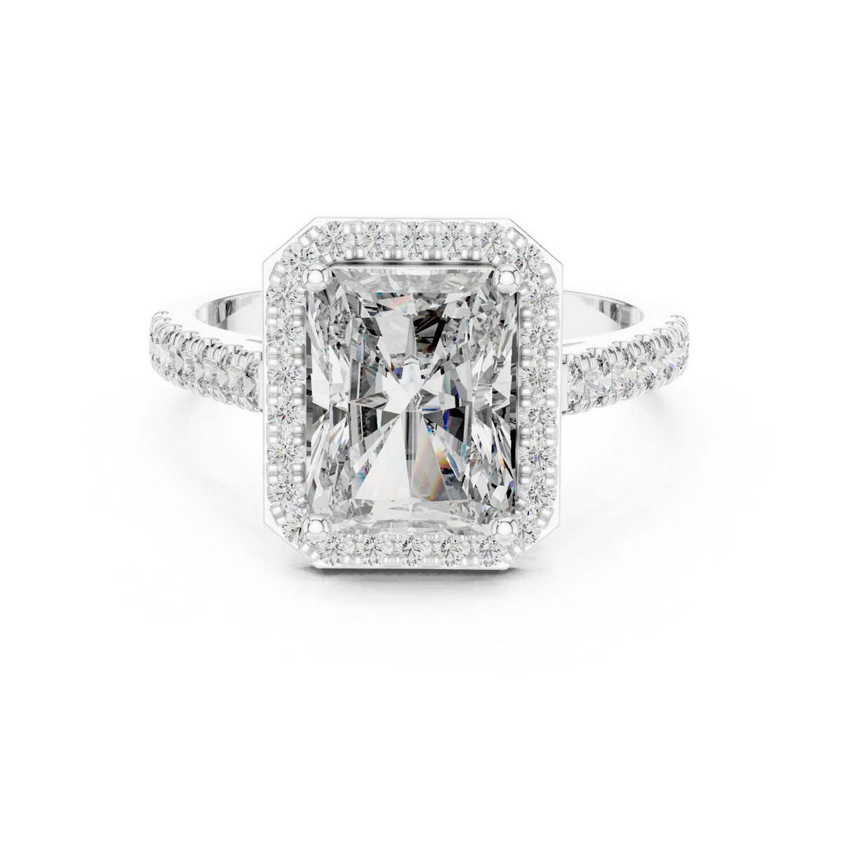 Radiant Cut Diamond Halo Engagement Ring with Pavé Band