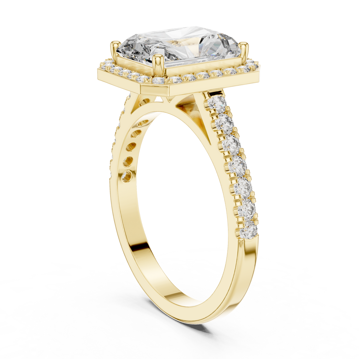 Radiant Cut Diamond Halo Engagement Ring with Pavé Band