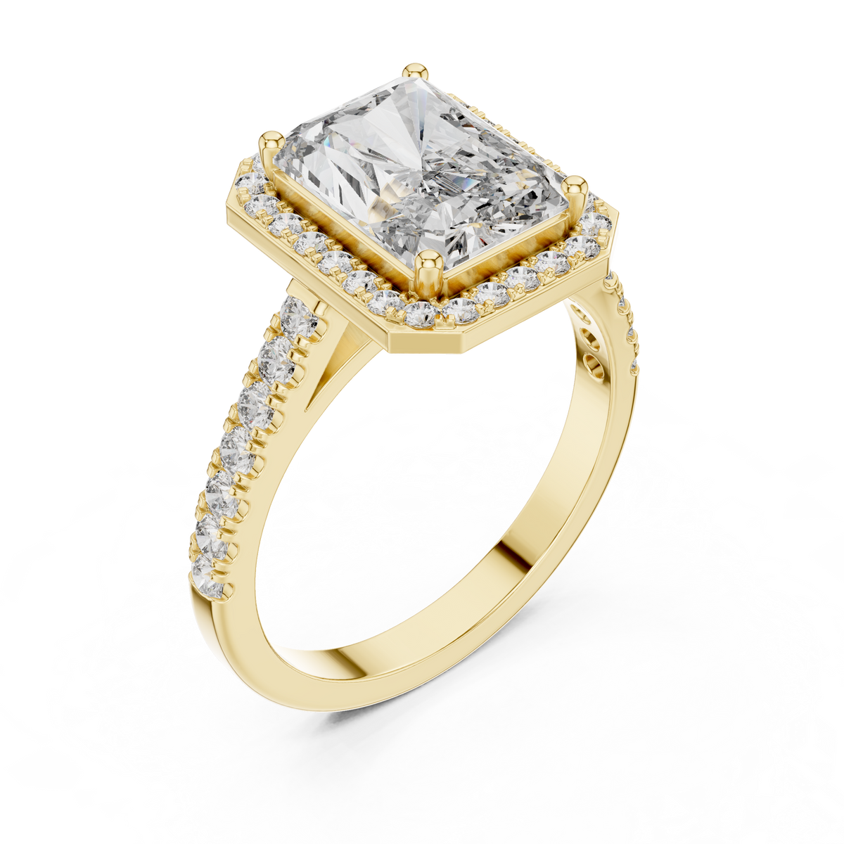 Radiant Cut Diamond Halo Engagement Ring with Pavé Band