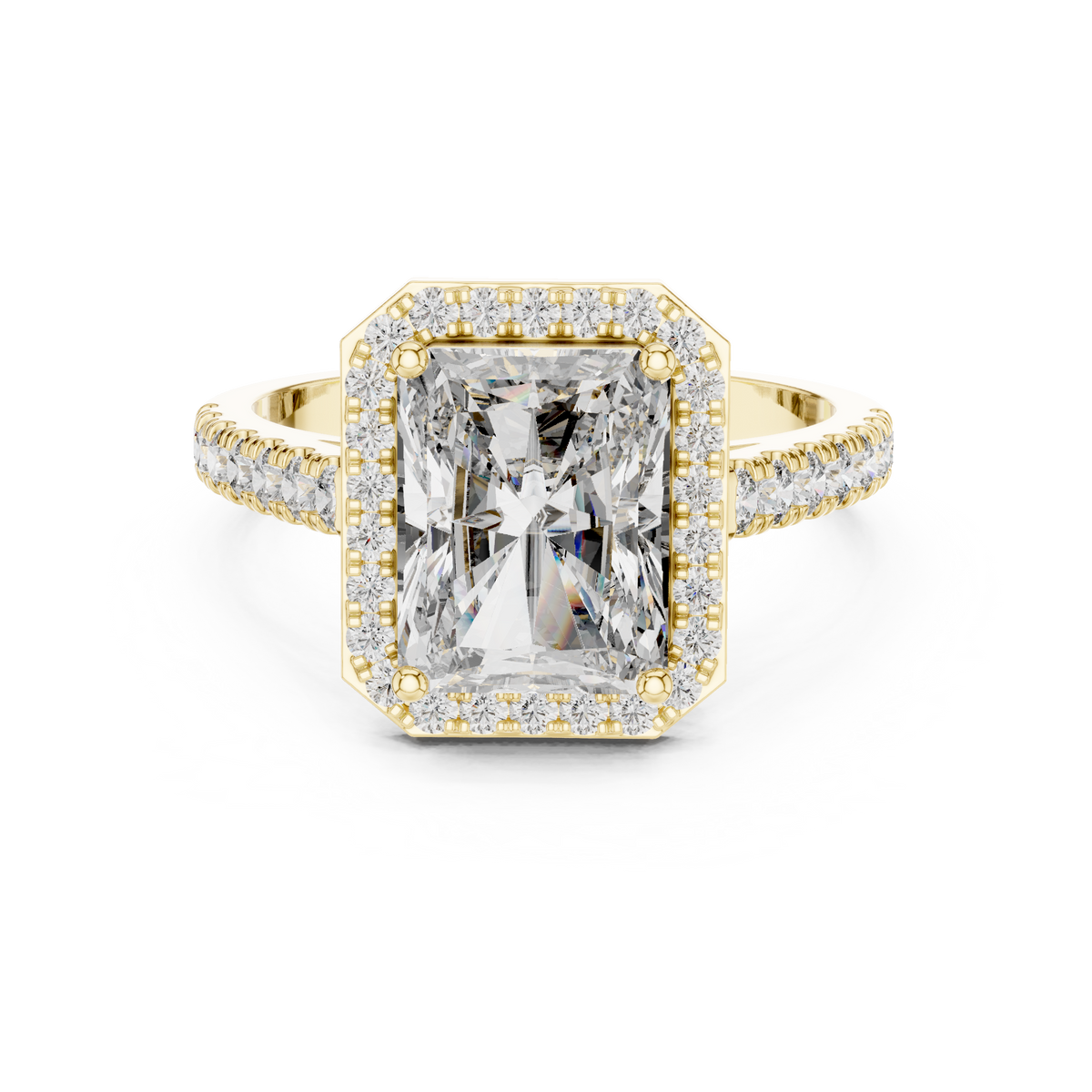 Radiant Cut Diamond Halo Engagement Ring with Pavé Band