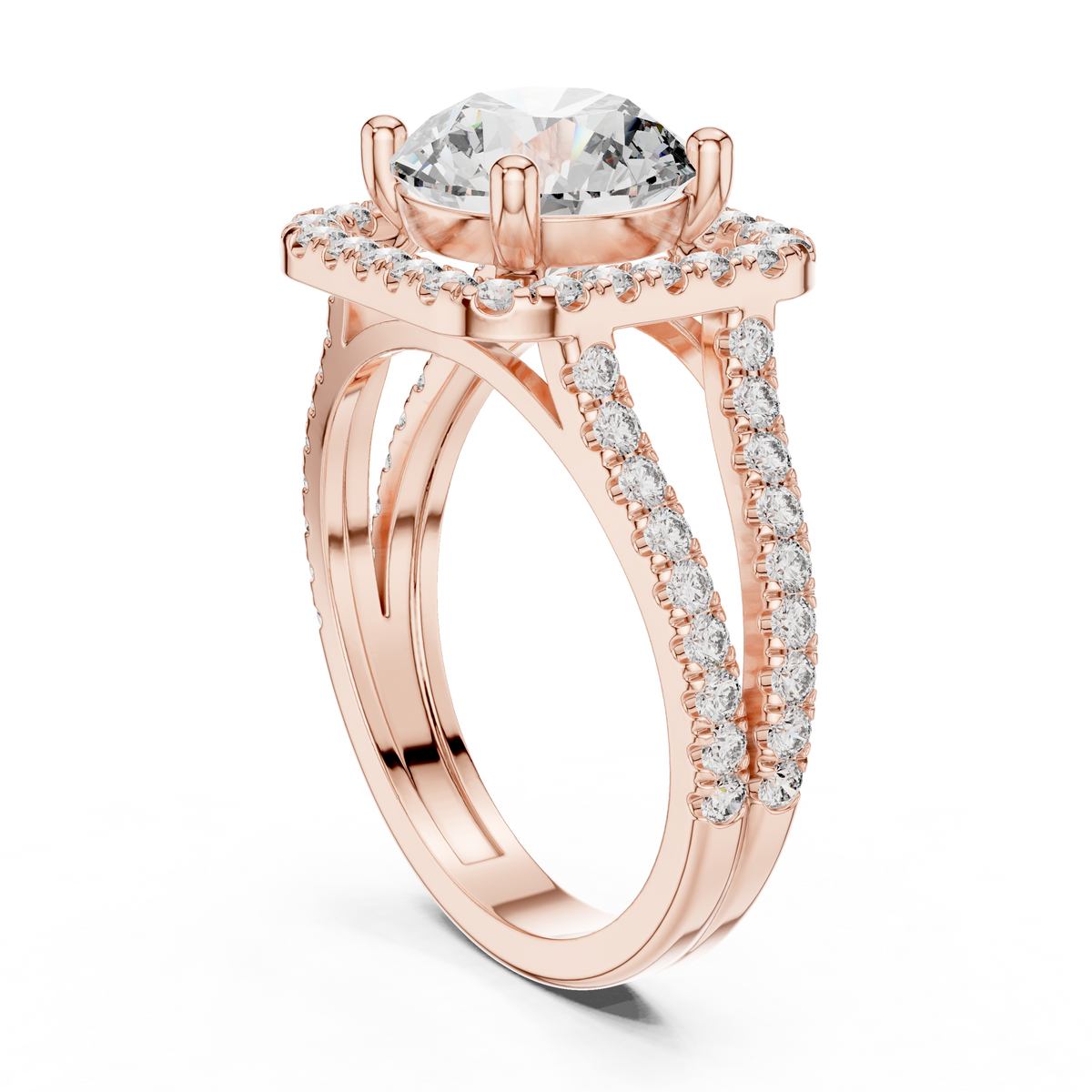 Round Cut Diamond Halo Engagement Ring with Split Shank Pavé Band