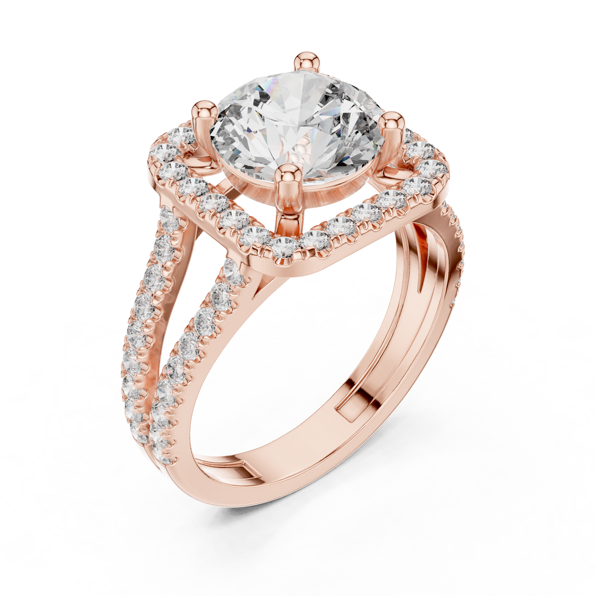Round Cut Diamond Halo Engagement Ring with Split Shank Pavé Band