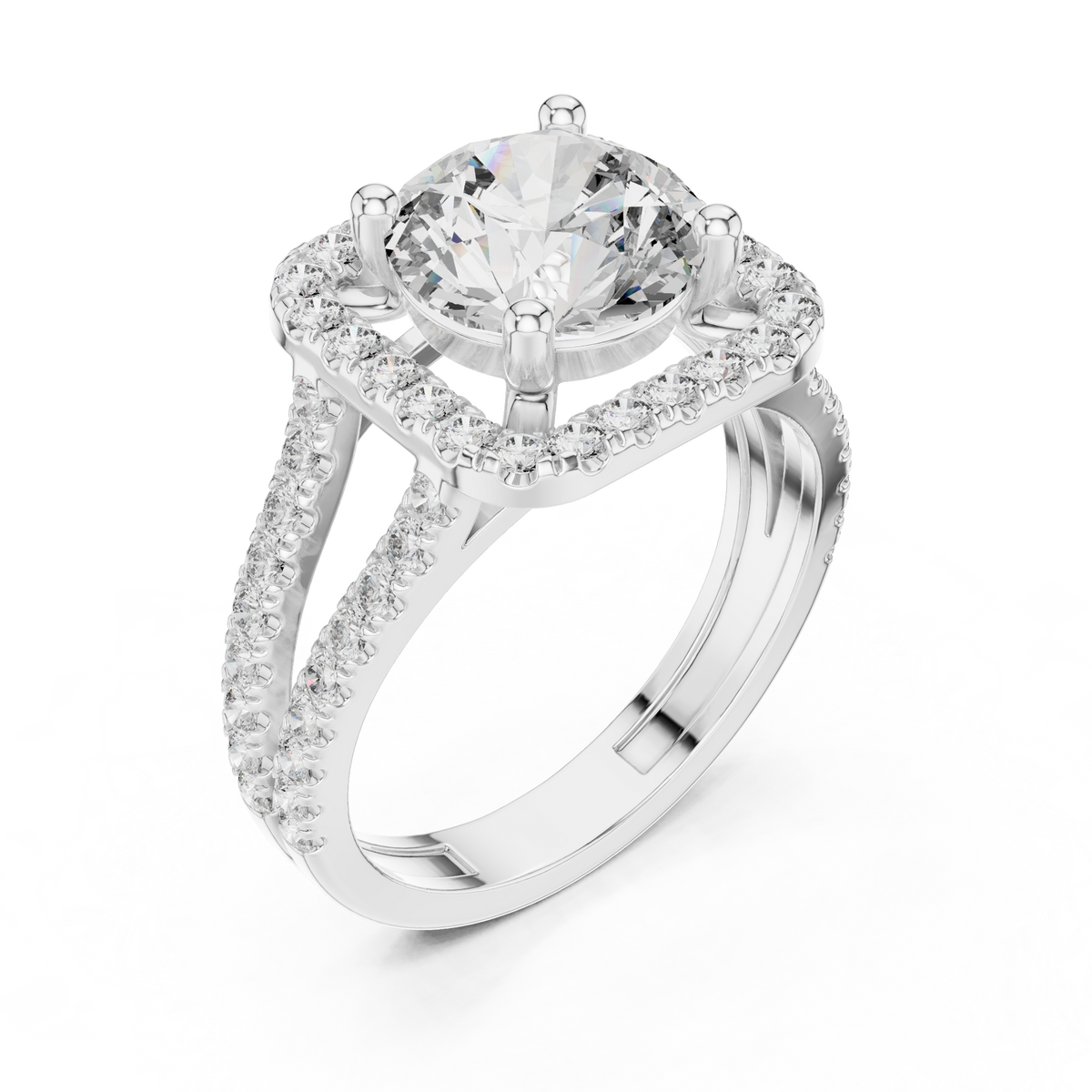Round Cut Diamond Halo Engagement Ring with Split Shank Pavé Band