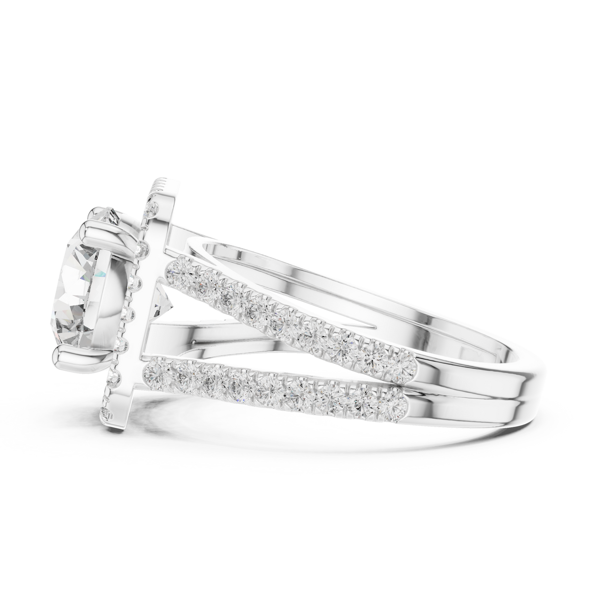 Round Cut Diamond Halo Engagement Ring with Split Shank Pavé Band