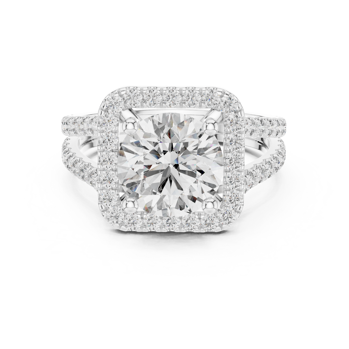 Round Cut Diamond Halo Engagement Ring with Split Shank Pavé Band