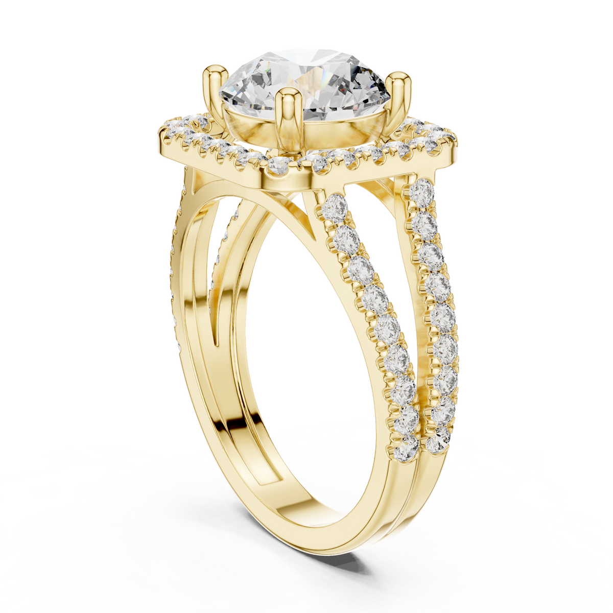 Round Cut Diamond Halo Engagement Ring with Split Shank Pavé Band