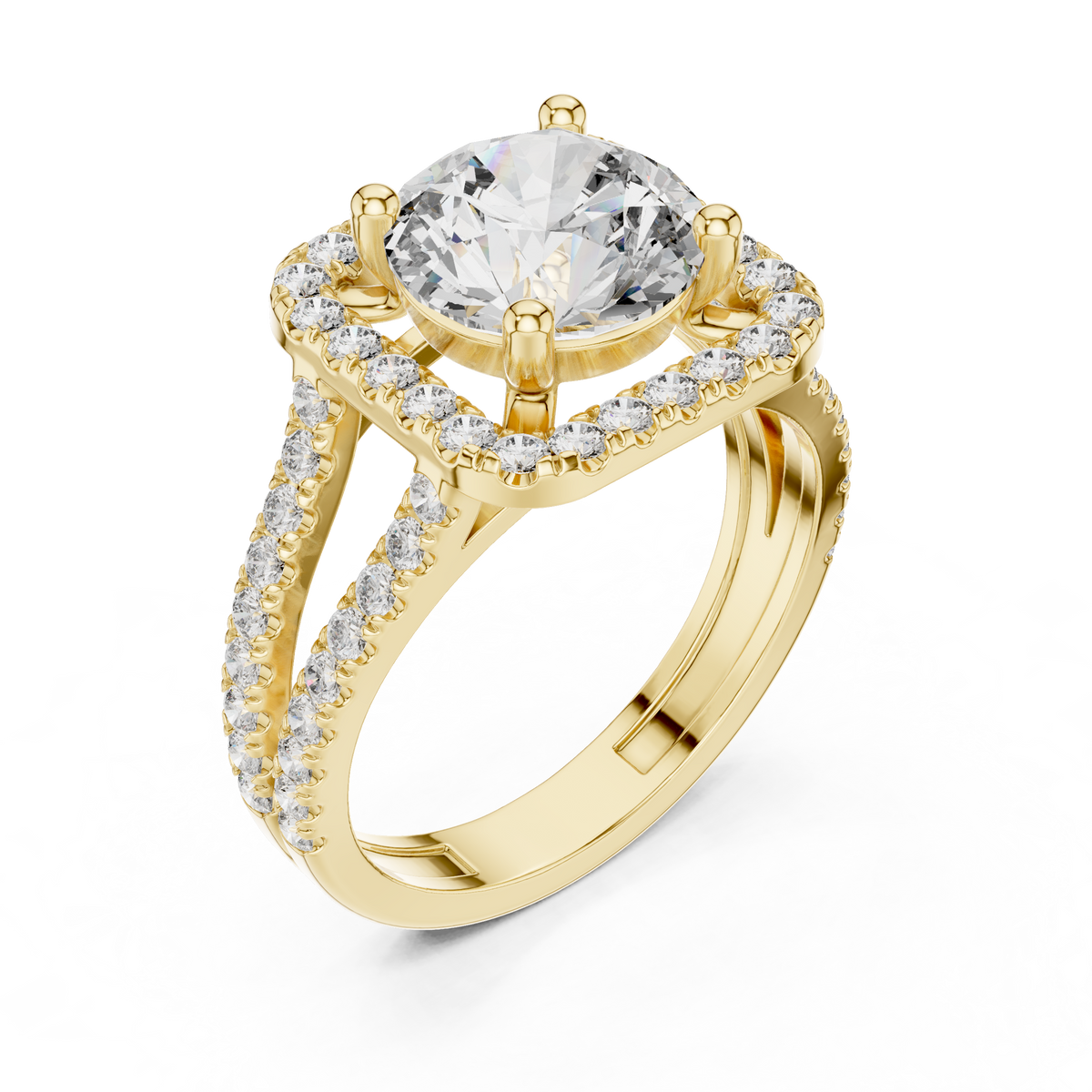 Round Cut Diamond Halo Engagement Ring with Split Shank Pavé Band