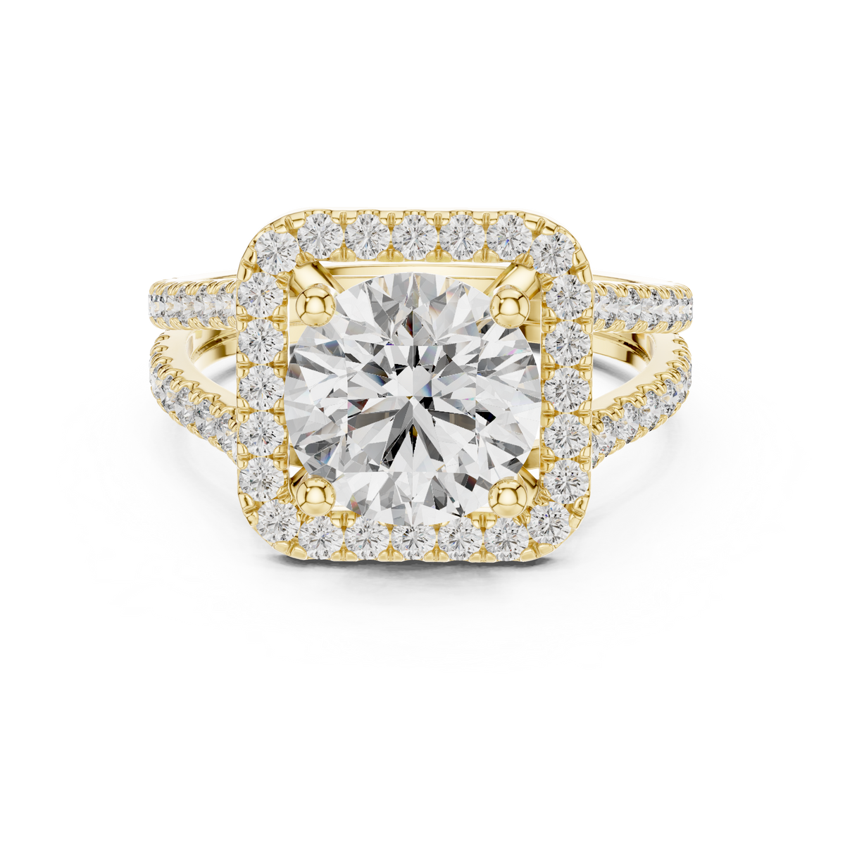 Round Cut Diamond Halo Engagement Ring with Split Shank Pavé Band