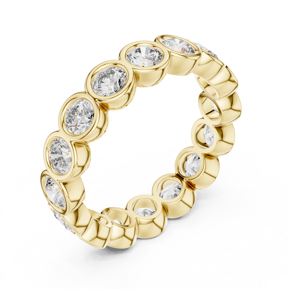 Round Bezel Eternity Ring, Full Eternity Wedding Band, Diamond Anniversary Ring, Yellow Gold Bridal Band, Minimalist Stackable Ring