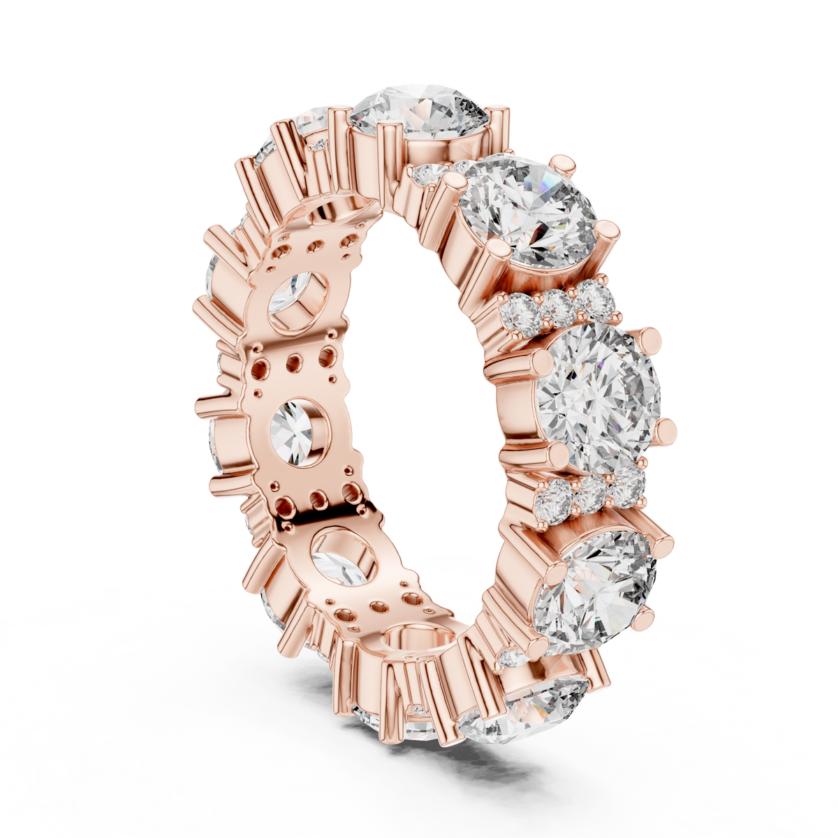 Wide Round Stone Eternity Band with Accent Clusters
