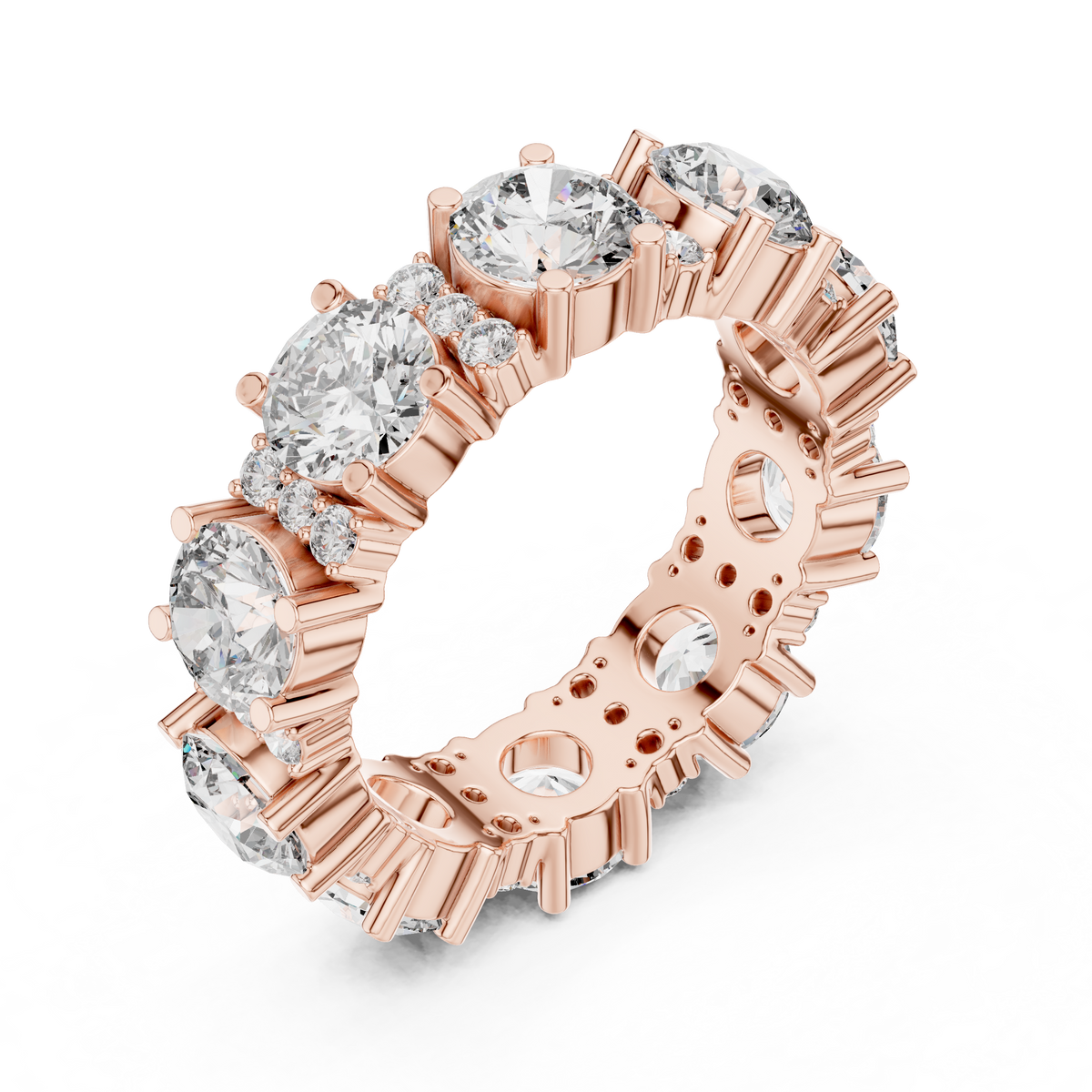 Wide Round Stone Eternity Band with Accent Clusters