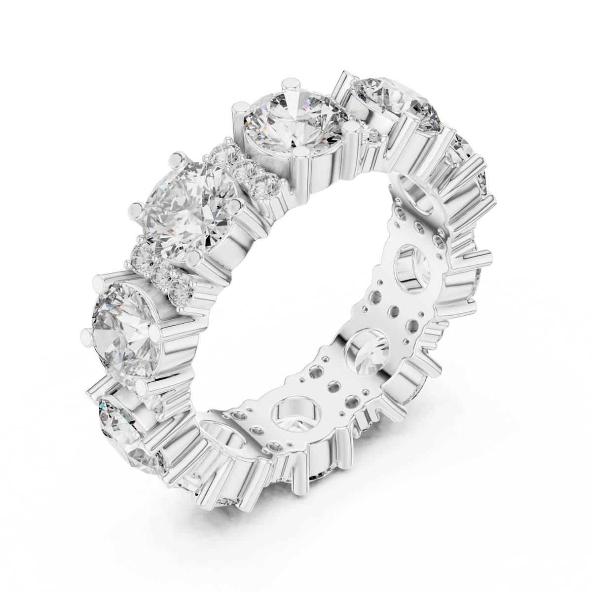 Wide Round Stone Eternity Band with Accent Clusters