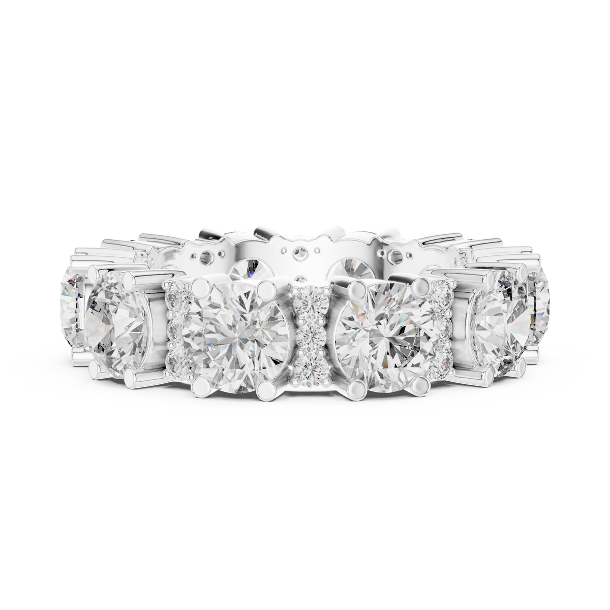Wide Round Stone Eternity Band with Accent Clusters