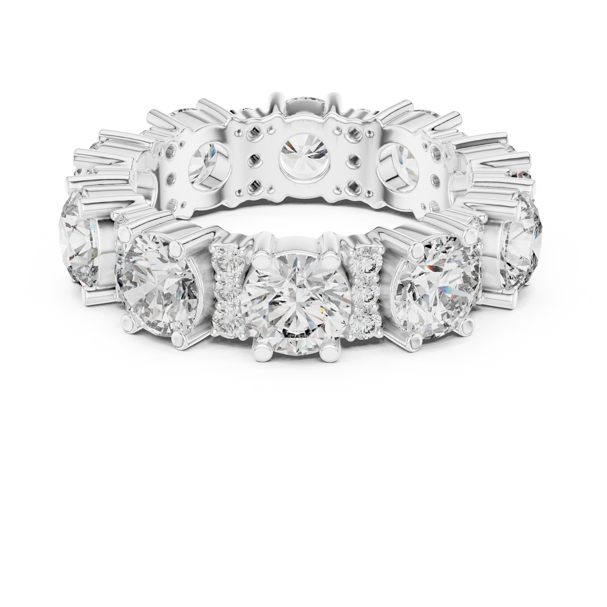 Wide Round Stone Eternity Band with Accent Clusters