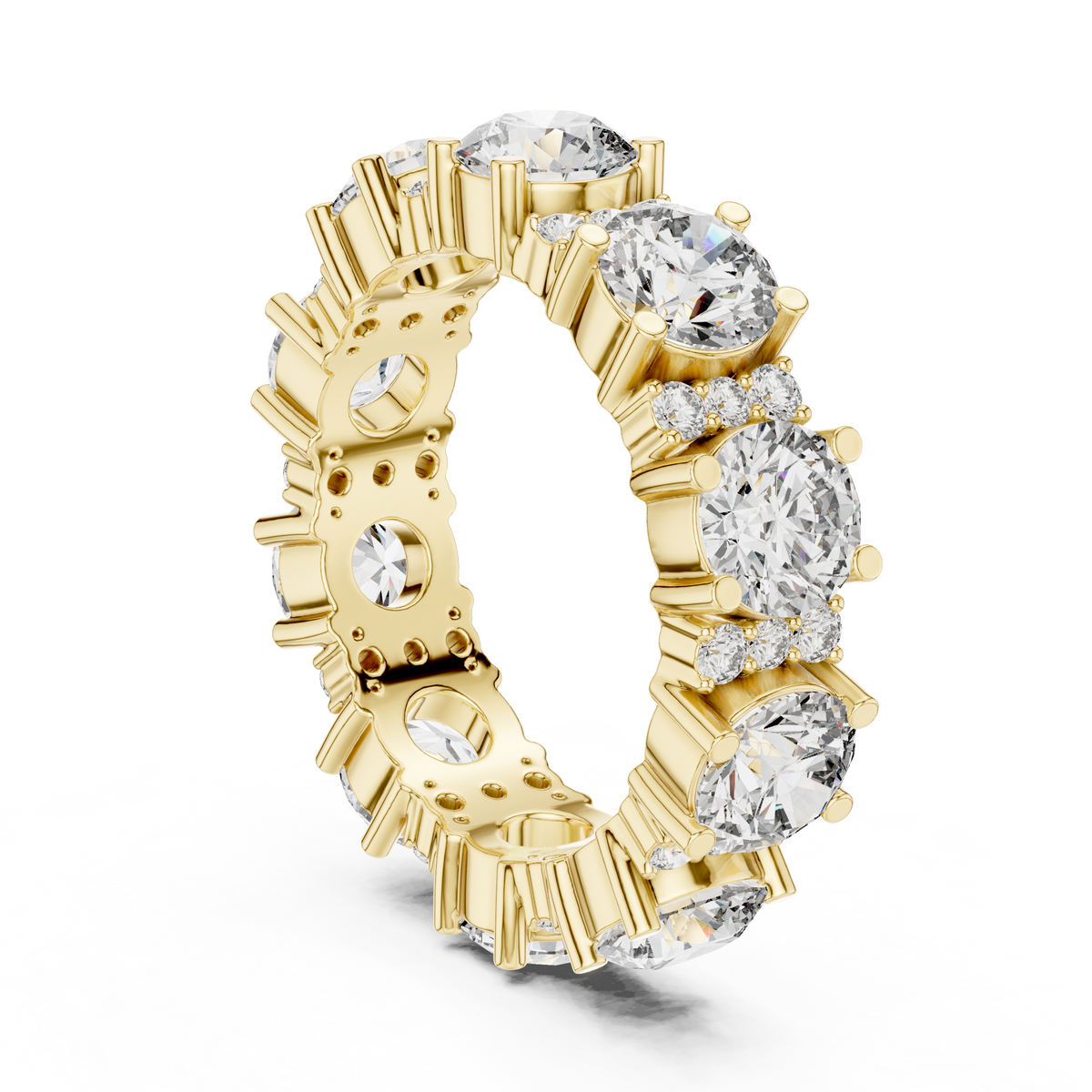 Wide Round Stone Eternity Band with Accent Clusters